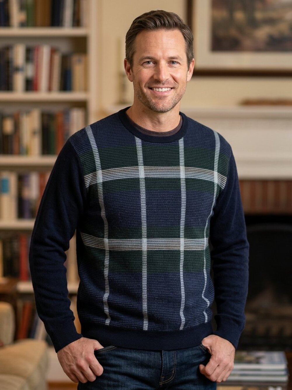 Northern Isles Black Plaid 100% Cashmere Crewneck Sweater - Size L